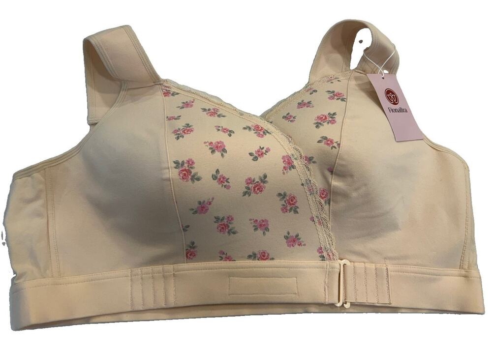 NWT FionaBra Cream Floral Wireless Front Wrap Closure Wide Strap for Seniors 5XL